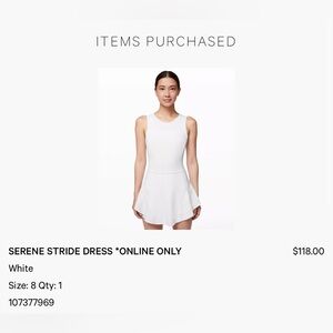 NWT Lululemon Serene Stride Tennis Dress - White